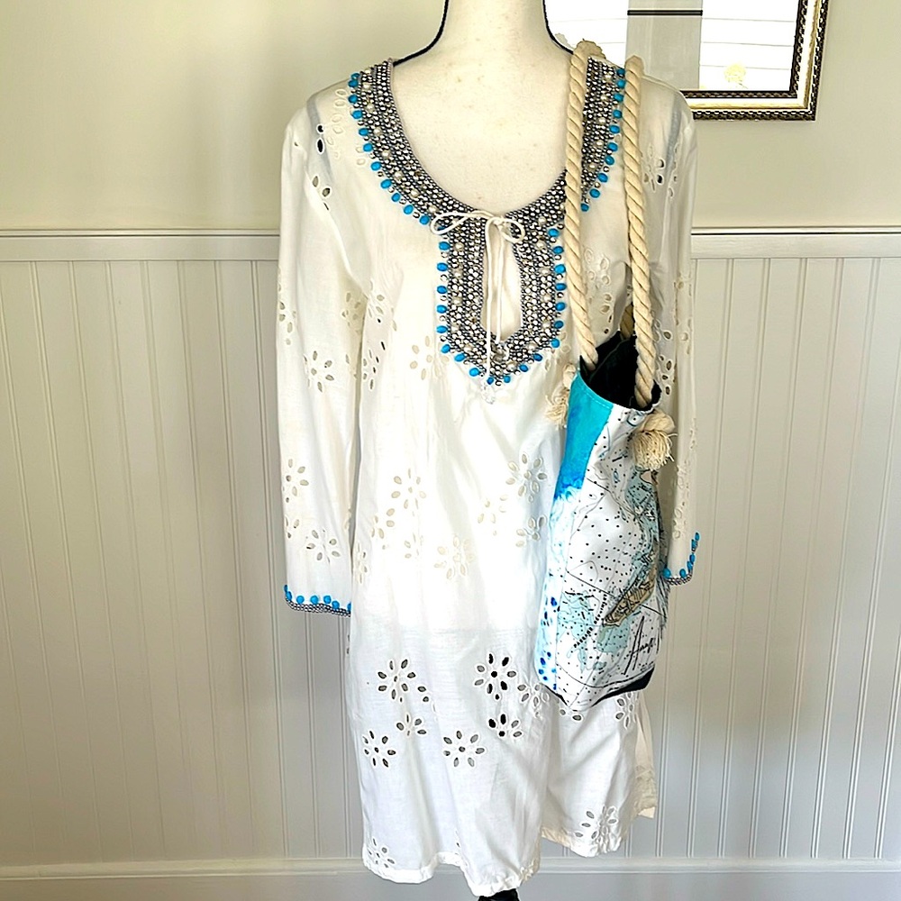 Kareena White Eyelet Coverup Multi Rows of Embellishments Beads Rhinestones Sz L